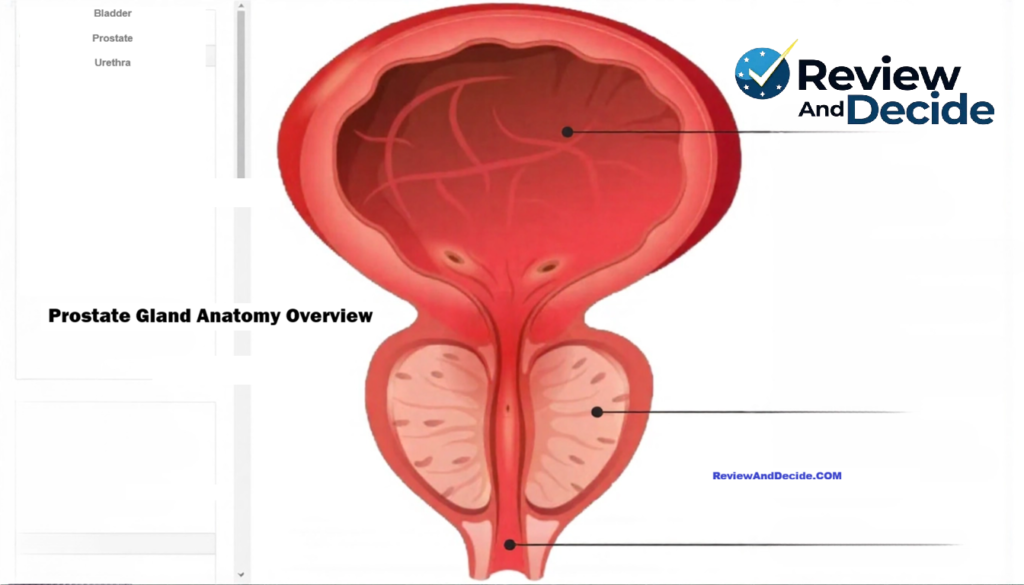 Anatomical diagram showing the bladder, prostate gland, and urethra in the male urinary system.