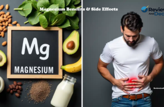 Magnesium benefits and side effects with magnesium rich foods and stomach discomfort illustration