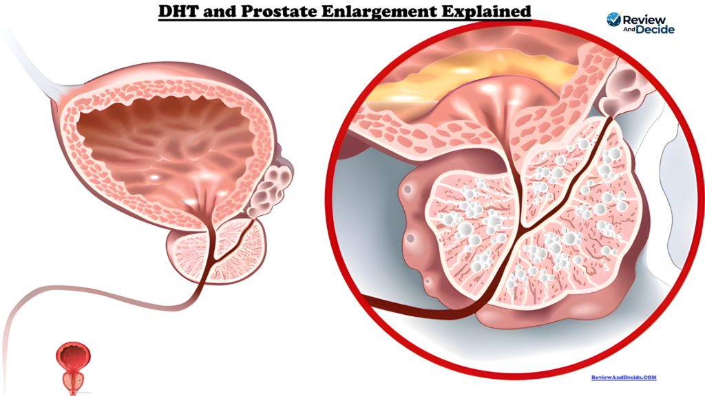 diagram showing dht and prostate enlargement with urethra compression