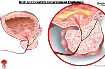 diagram showing dht and prostate enlargement with urethra compression