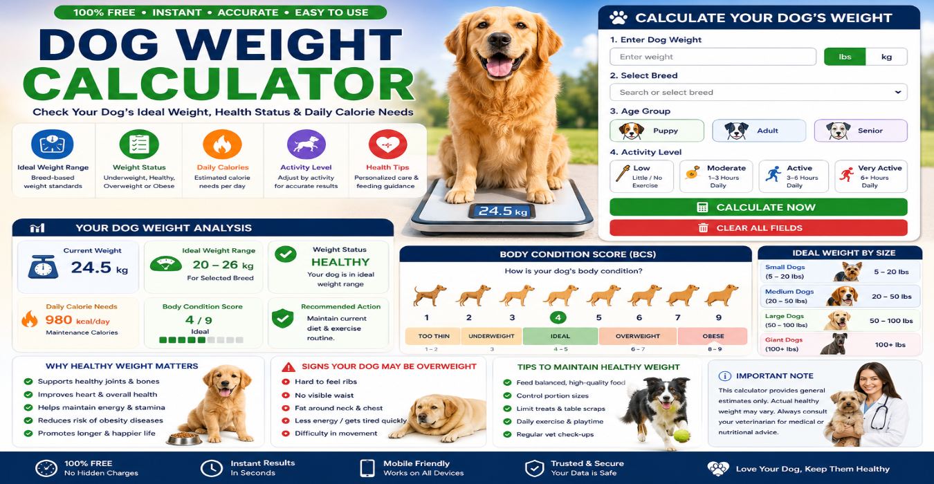 Dog Weight Calculator Complete Guide 2026 – Ideal & Healthy Dog Weight Tool