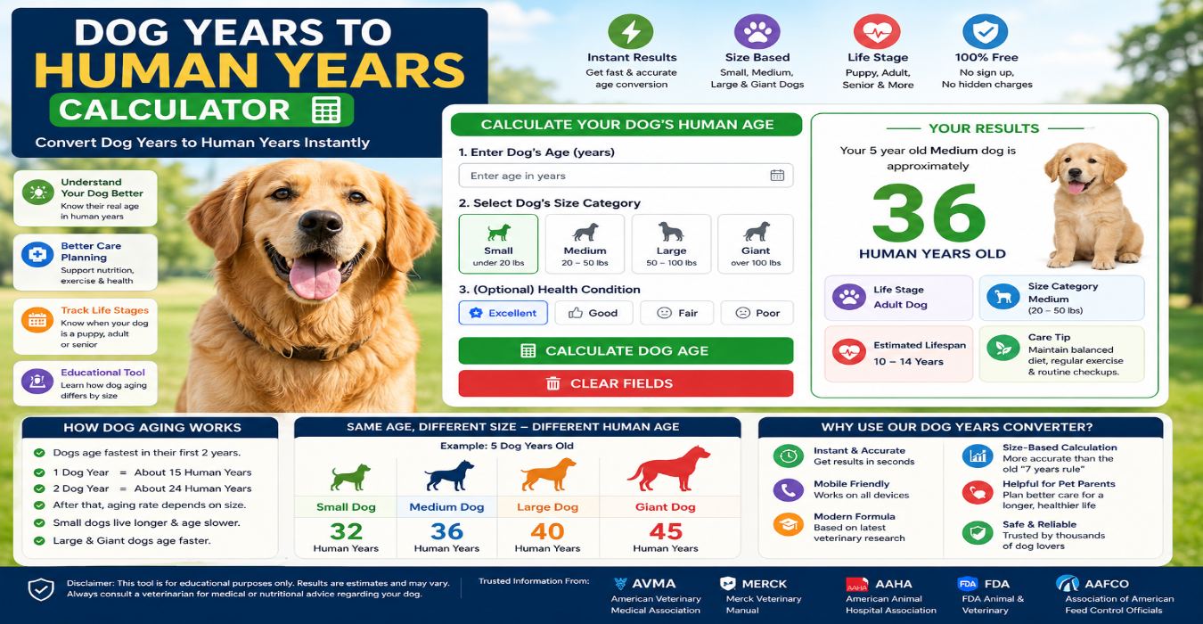 Dog Years to Human Years Calculator (Updated 2026) – Free Dog Age Converter