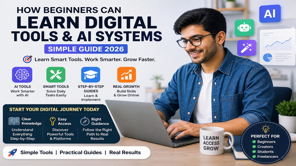 How Beginners Can Learn Digital Tools & AI Systems (Simple Guide 2026) How Beginners Can Learn Digital Tools & AI Systems (Simple Guide 2026)