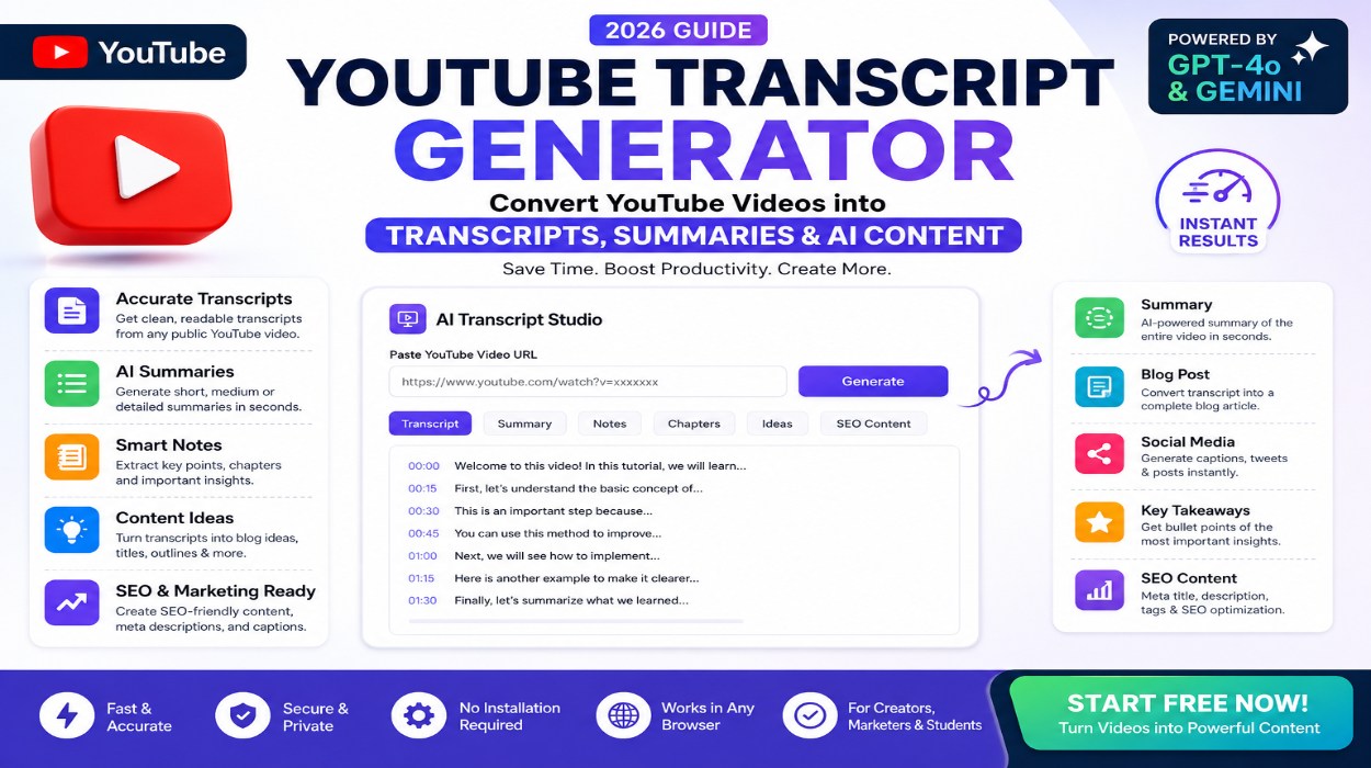 YouTube Transcript Generator Updated 2026 – Convert Videos into Text Online