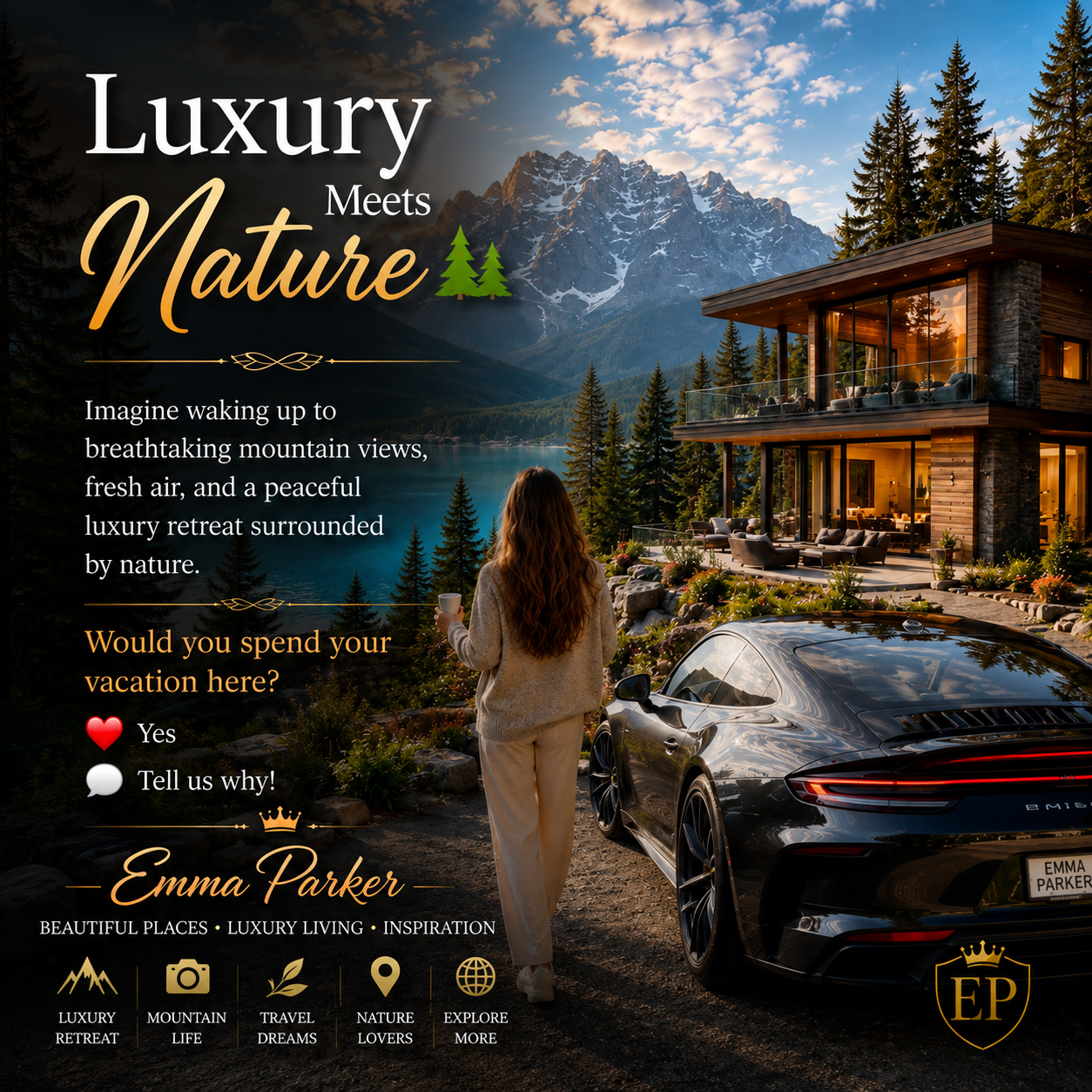Luxury Meets Nature Luxury Meets Nature, Modern luxury mountain retreat overlooking a crystal-clear lake with breathtaking alpine scenery.