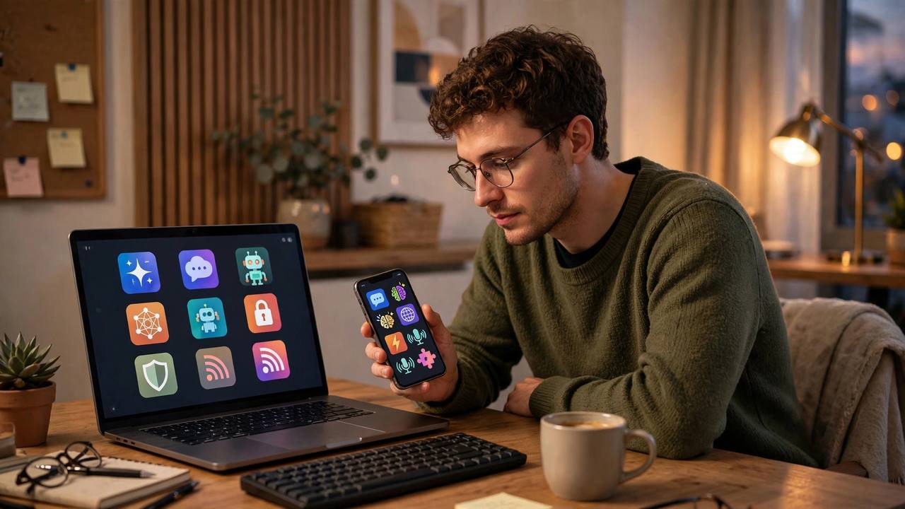 Person comparing Muse AI alternatives on a laptop and phone, with personal AI agent apps for everyday tasks